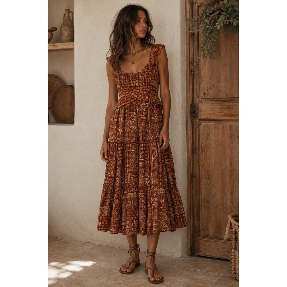 Trixxi Rust Patchwork Geometric Floral Tiered Midi Dress NWT Large